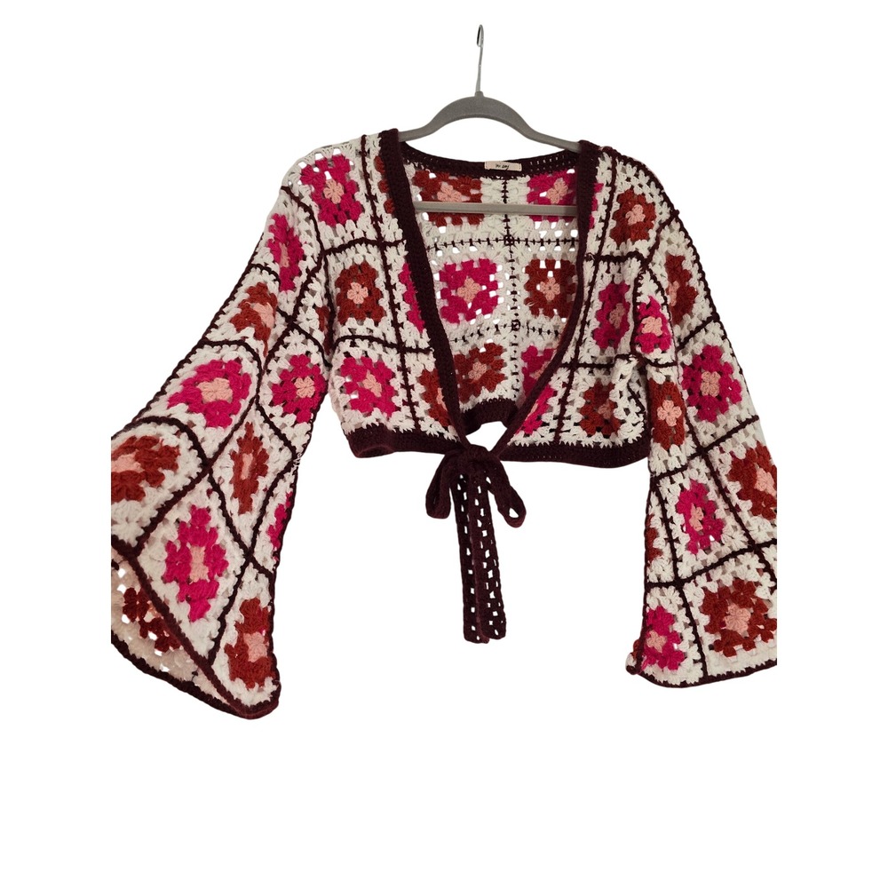 Mi Ami Crochet Granny Square Cardigan Pink Red Bell Sleeve Tie Front Cropped M